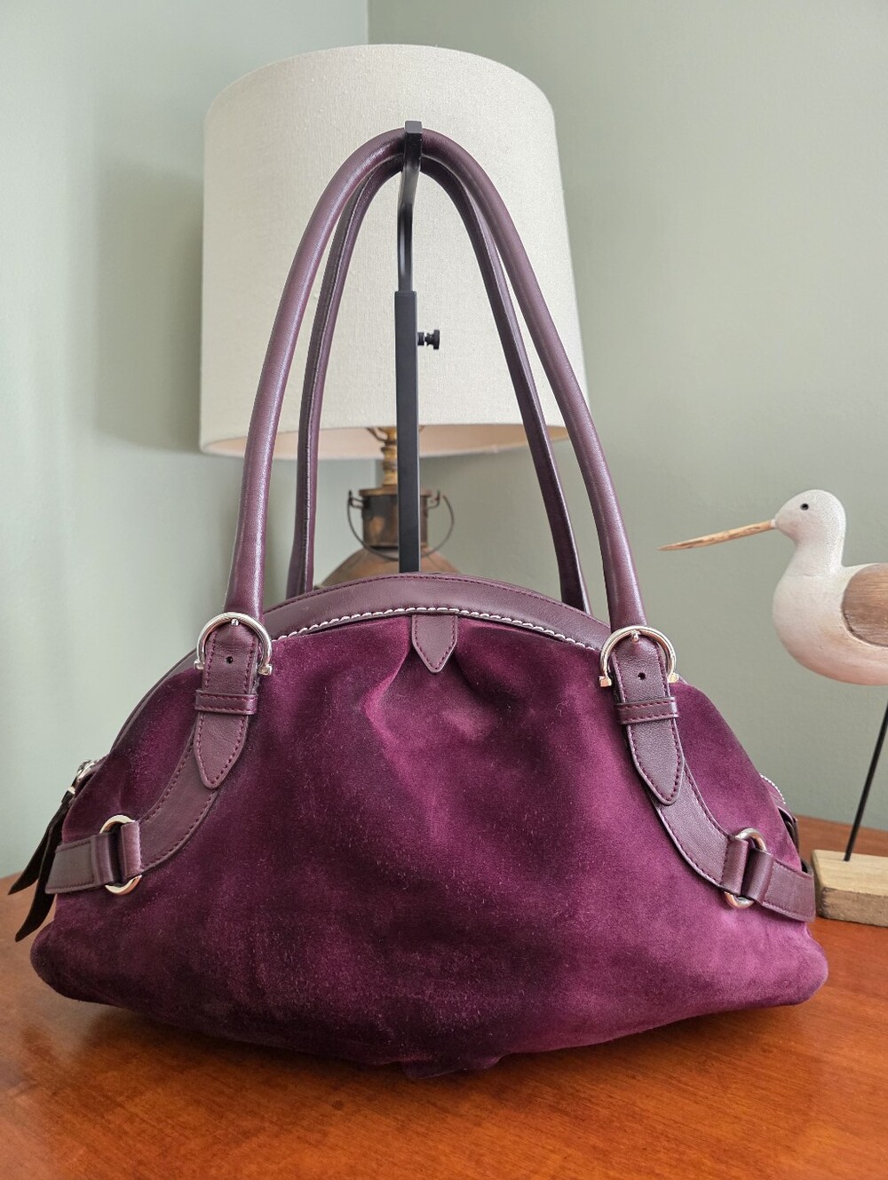 Salvatore Ferragamo Mirtillo Burgundy Suede Calfskin Leather Satchel Bag